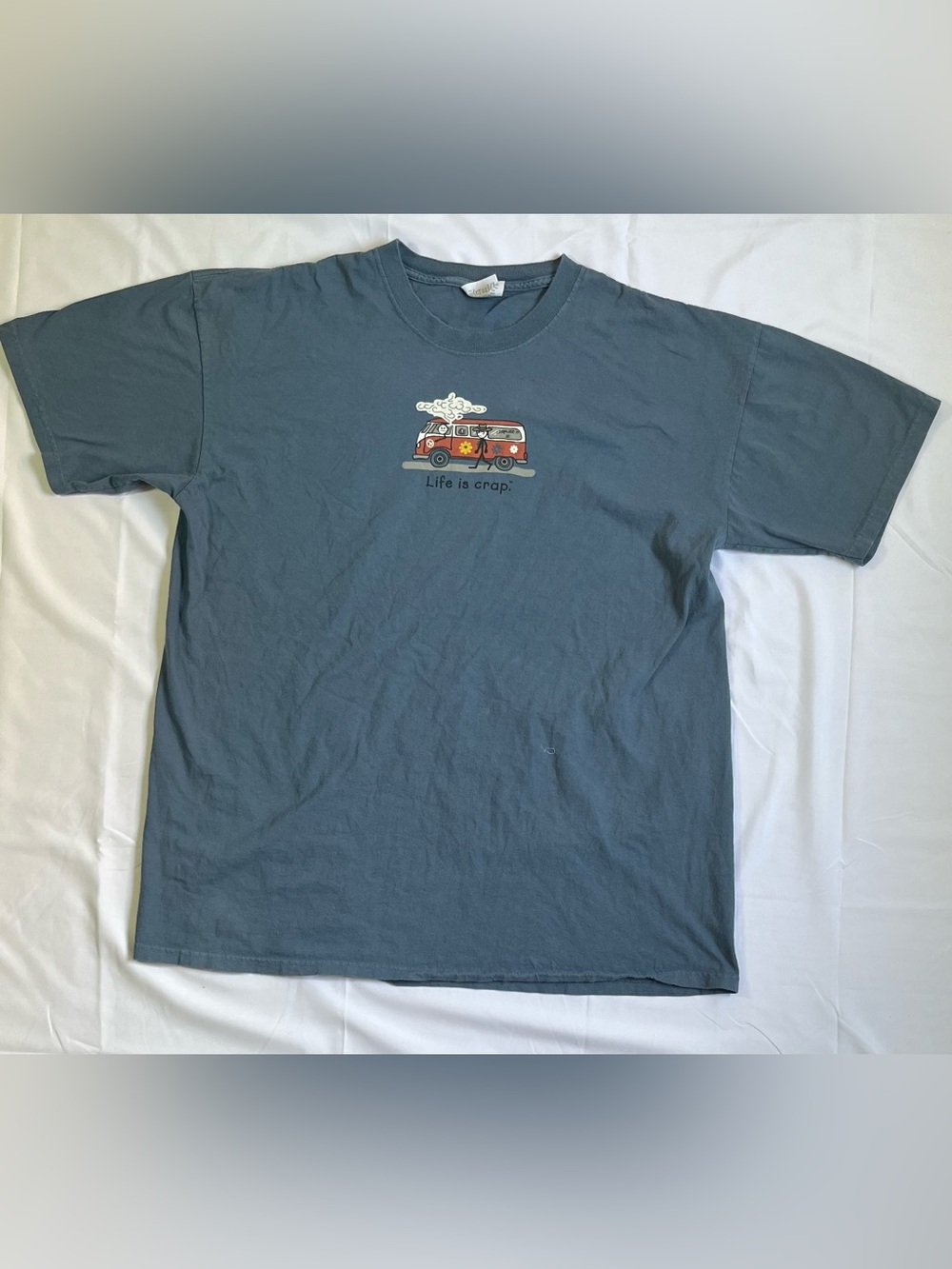 Life Is Crap Graphic T-Shirt XXL Blue Hippie Van Funny Tee Mens Cotton